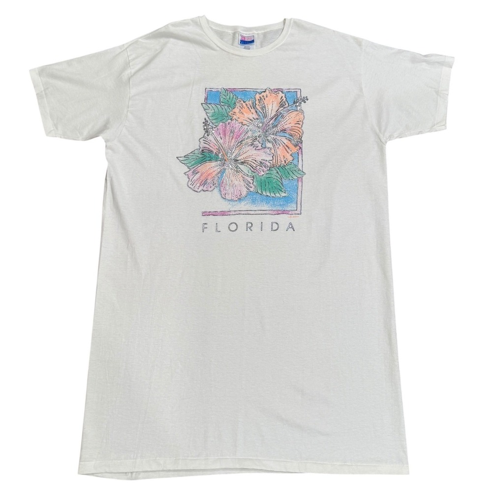 Vintage Hanes Her Way Florida Hibiscus T-Shirt Oversized Sleep Shirt Beach Cover